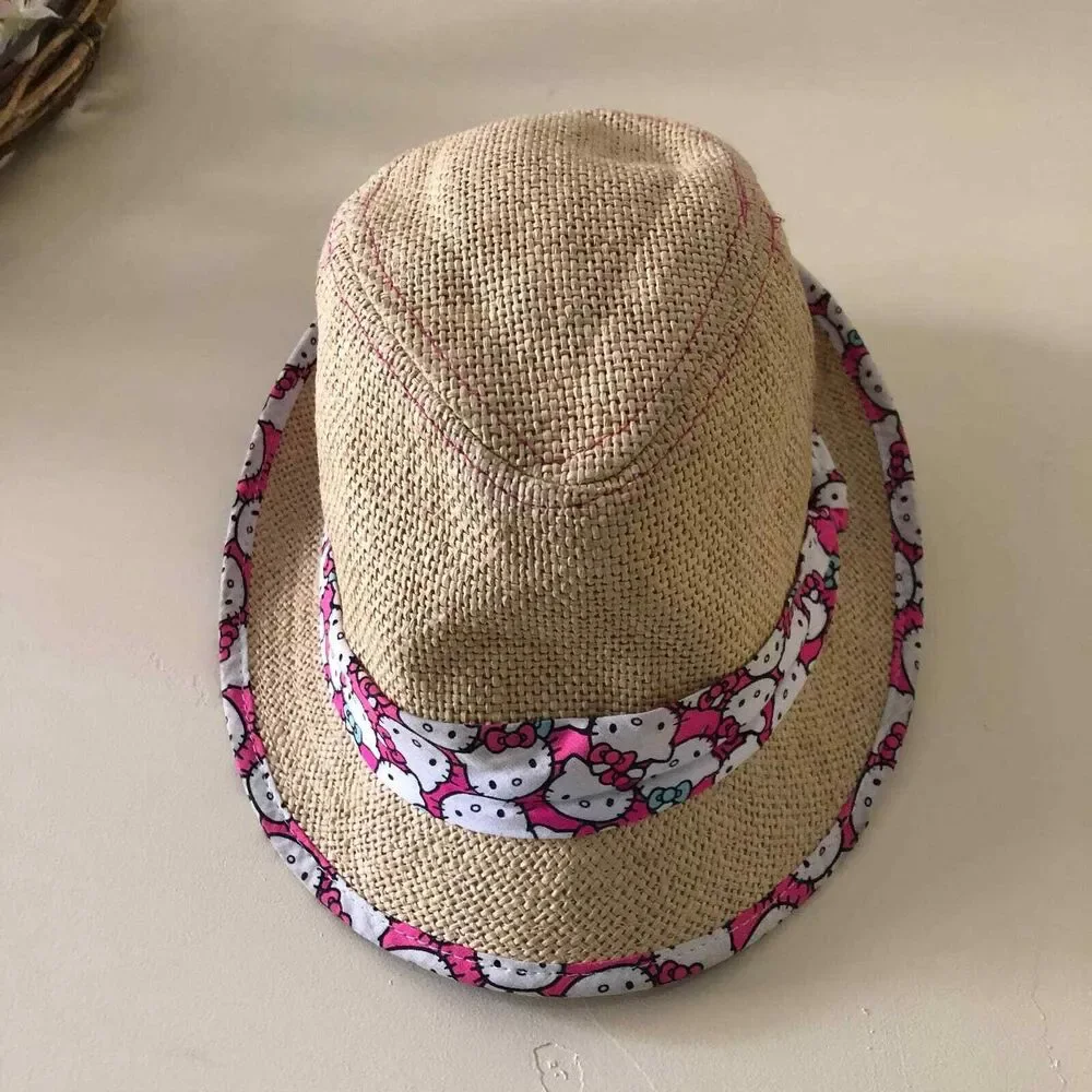 Hello Kitty Straw Hat Fedora Hat Pink Trim Size Medium / Large